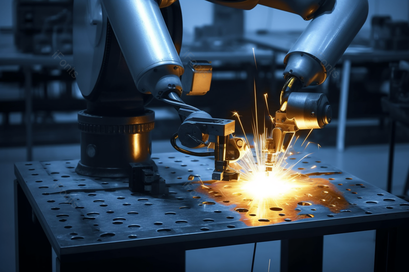 用于在浅蓝色场景中焊接汽车零件的焊接机器人,高清,摄影图,摄影图片,图片大全,摄影图免费下载